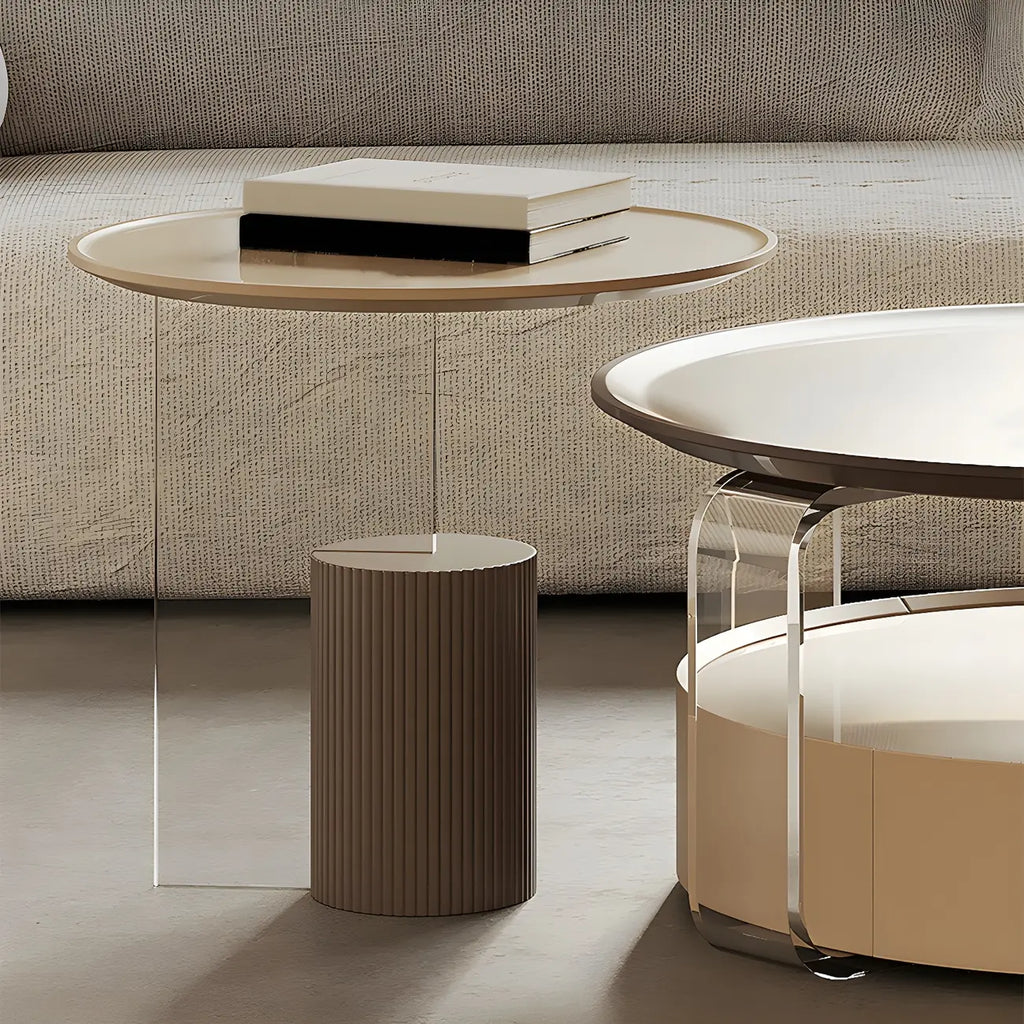 Brown Beige Elegant Round Wood Coffee Table with Storage