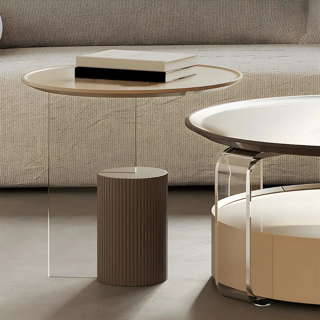 Brown Beige Elegant Round Wood Coffee Table with Storage