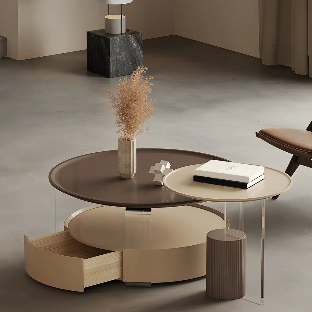 Brown Beige Elegant Round Wood Coffee Table with Storage