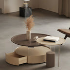 Brown Beige Elegant Round Wood Coffee Table with Storage