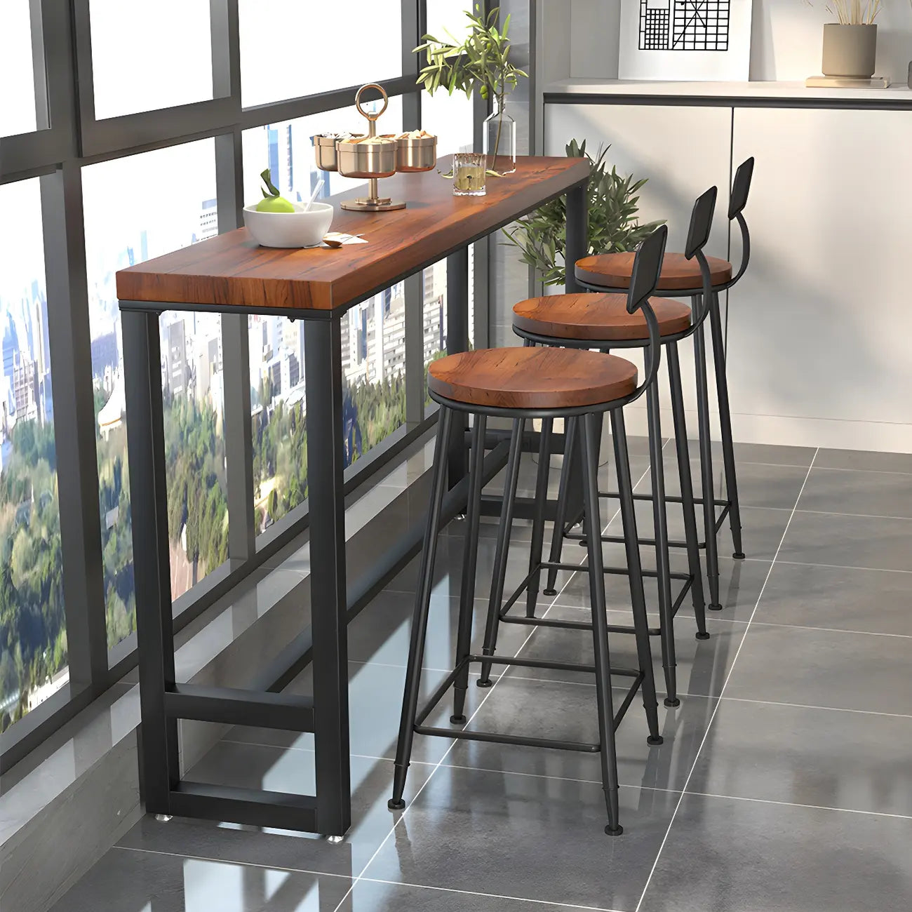 Rectangle Brown Wooden Bar Table With Footrest