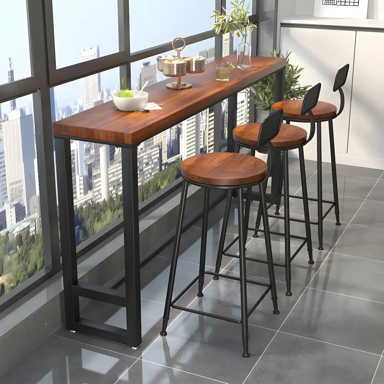 Rectangle Brown Wooden Bar Table With Footrest