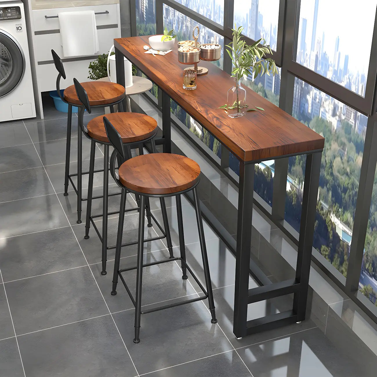 Rectangle Brown Wooden Bar Table With Footrest