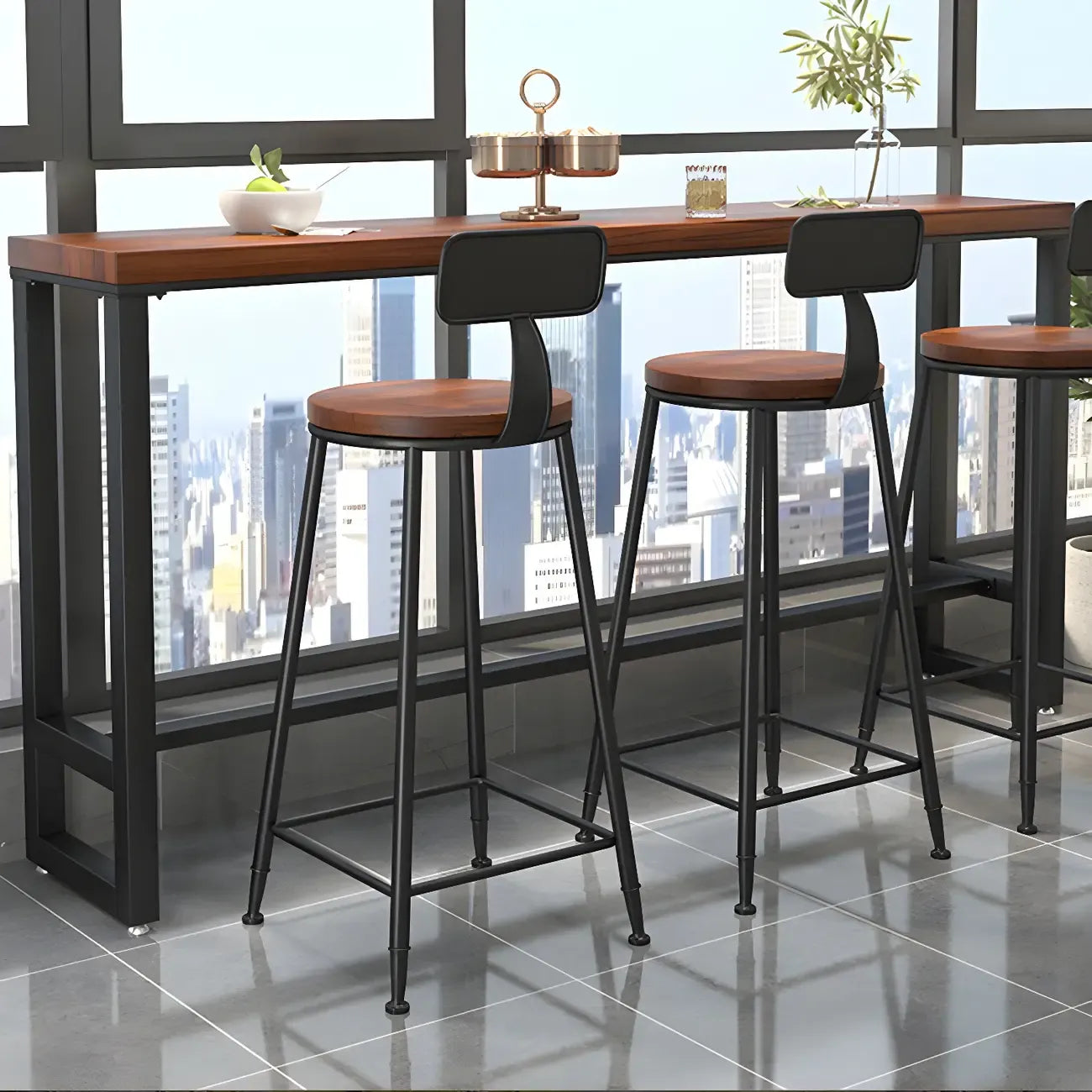Rectangle Brown Wooden Bar Table With Footrest