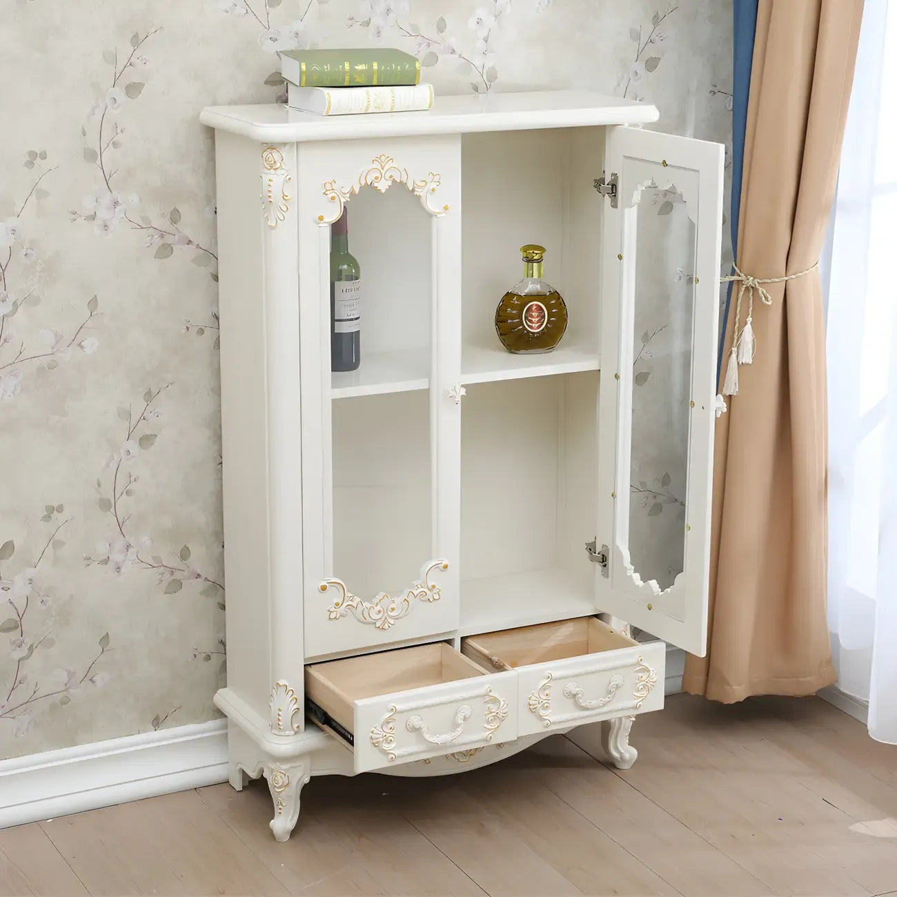 Classic White Wood Storage Display Cabinet with Drawer