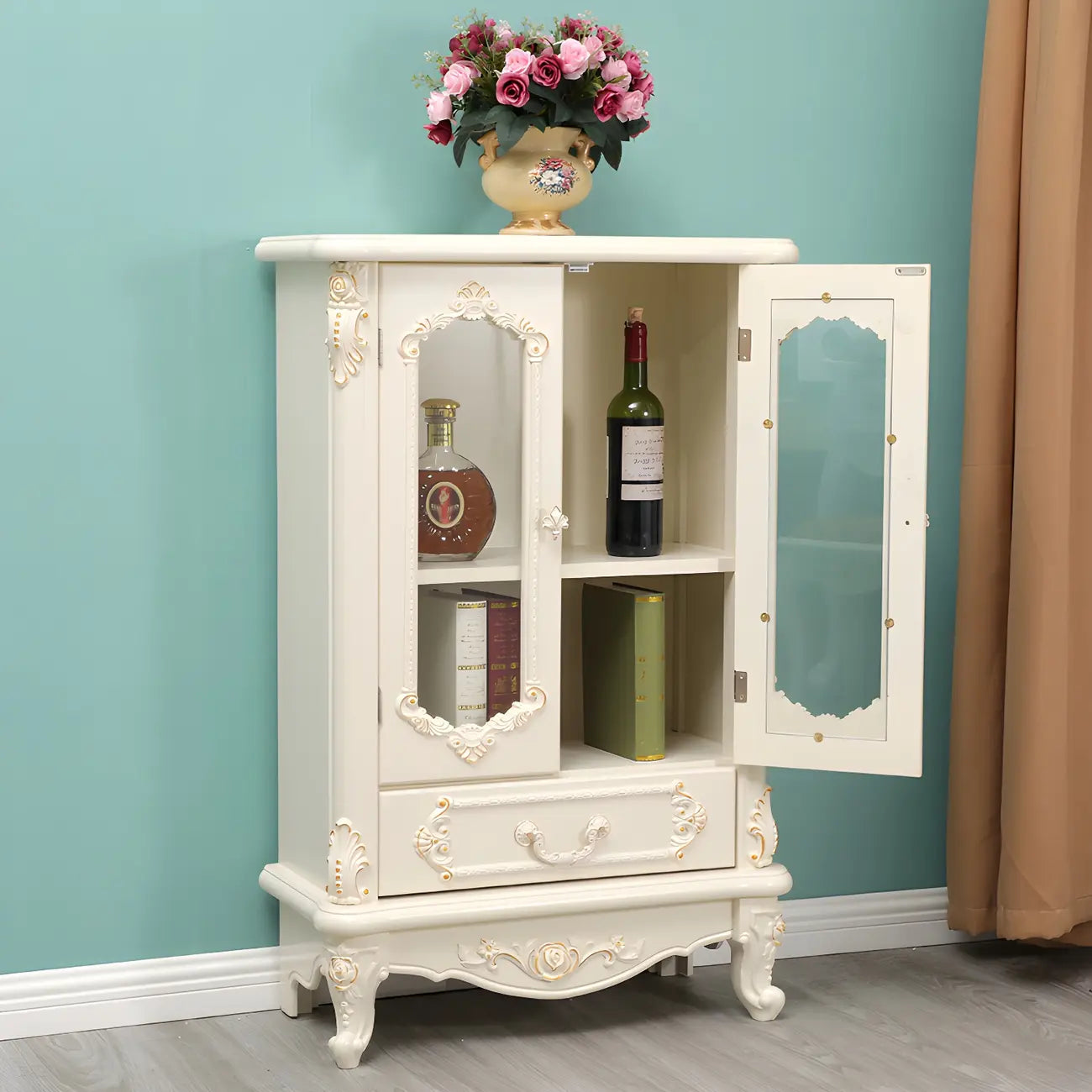 Classic White Wood Storage Display Cabinet with Drawer