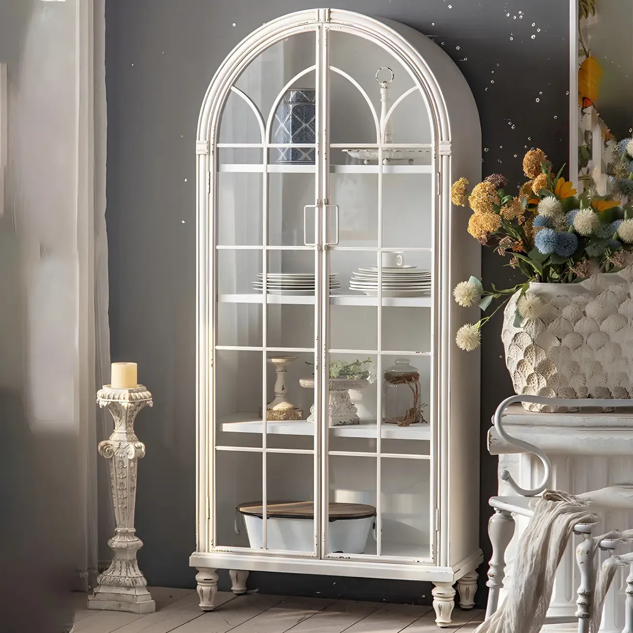 Classic White Arched Glass Doors Wooden Display Cabinet