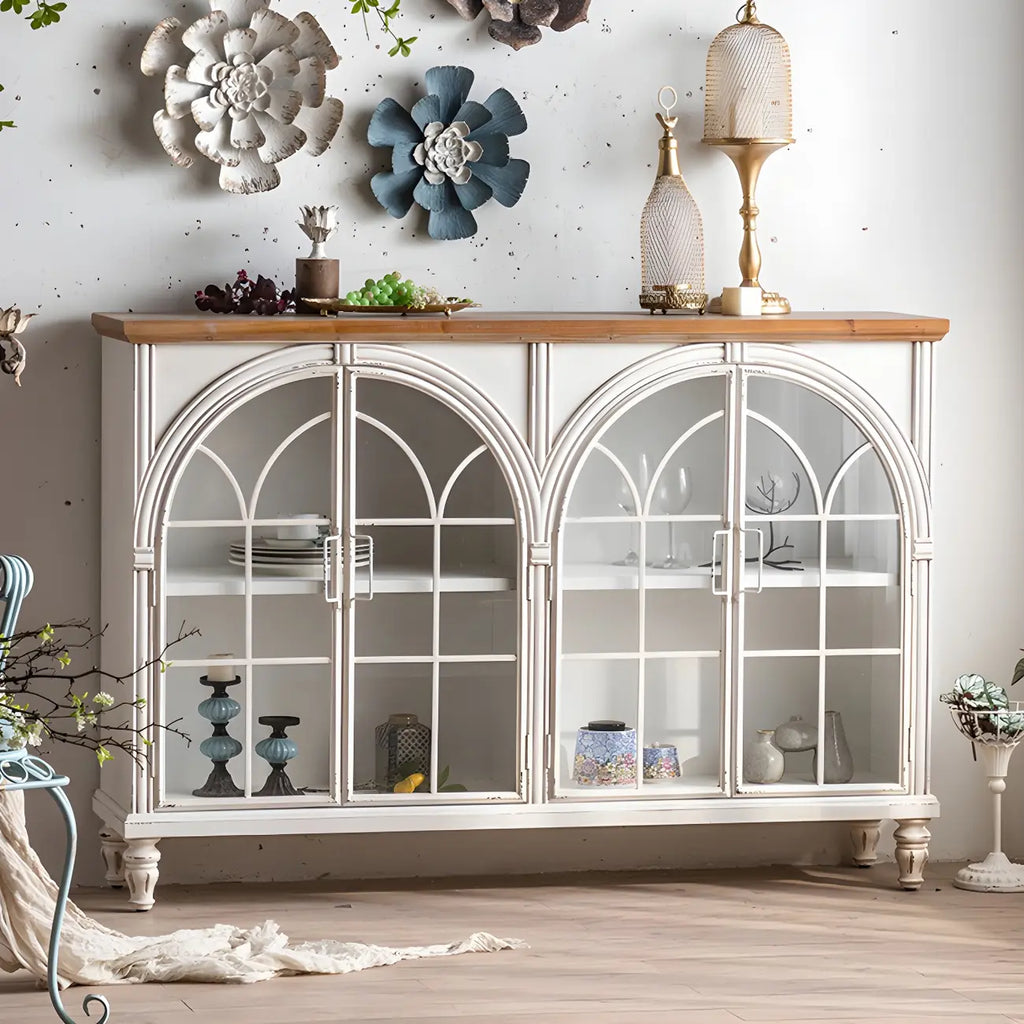 Classic White Arched Glass Doors Wooden Display Cabinet