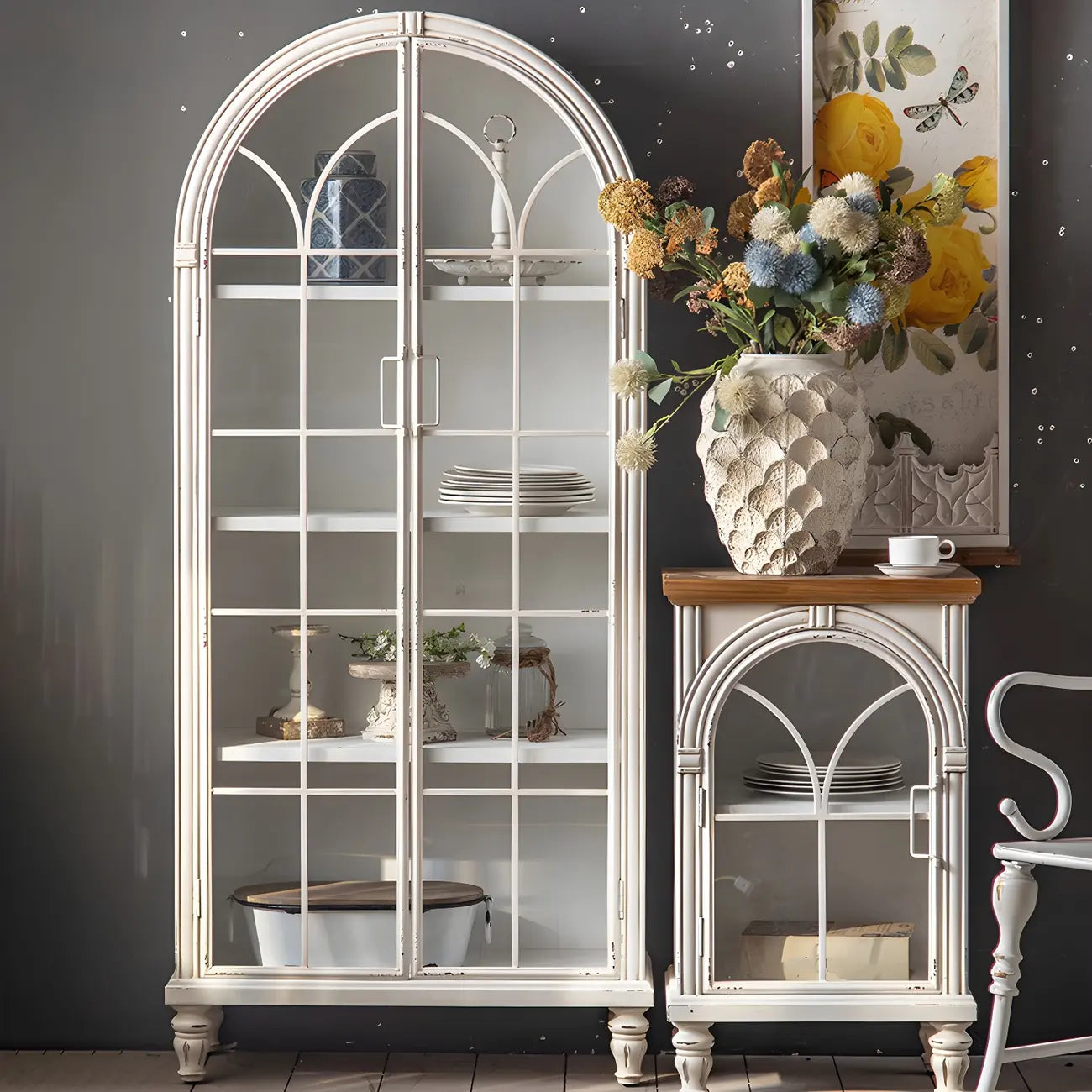 Classic White Arched Glass Doors Wooden Display Cabinet