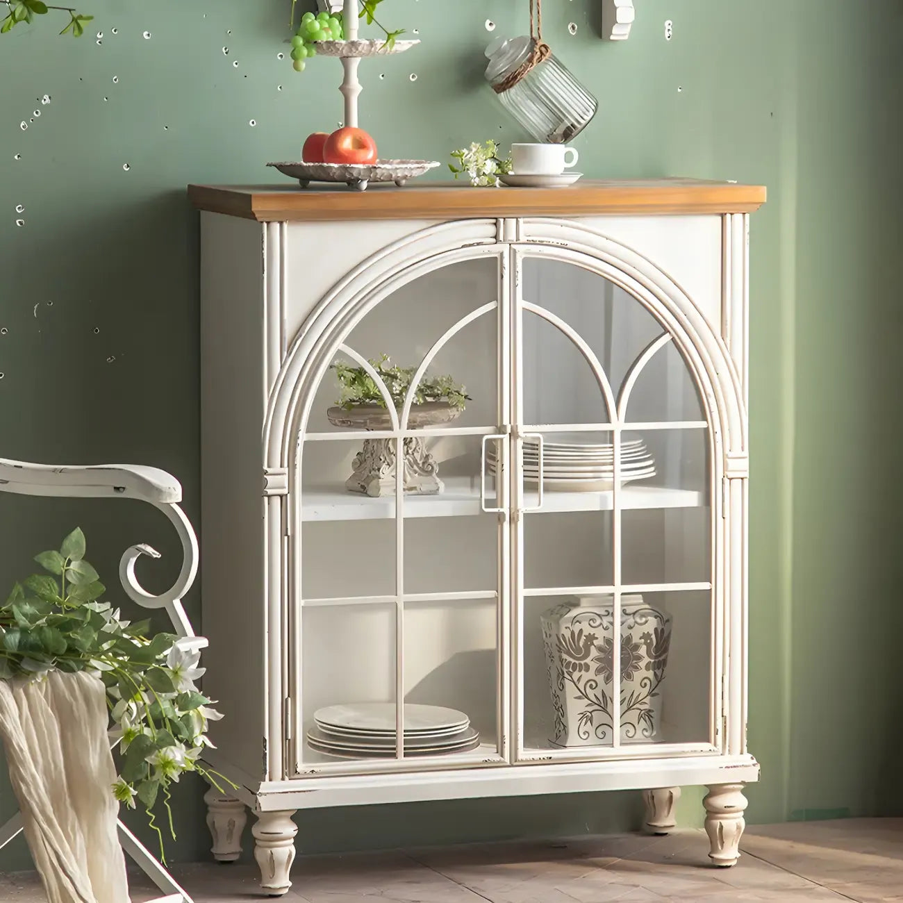 Classic White Arched Glass Doors Wooden Display Cabinet