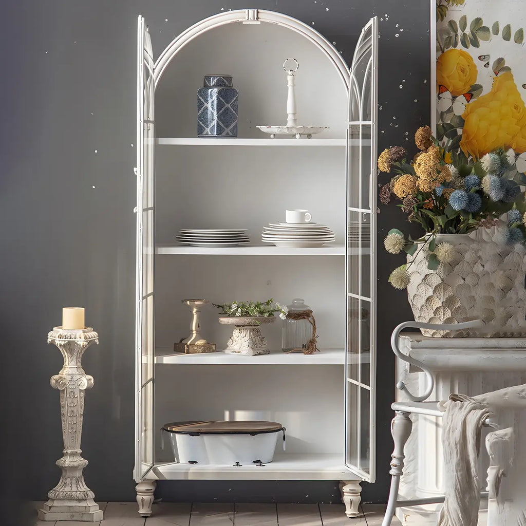 Classic White Arched Glass Doors Wooden Display Cabinet