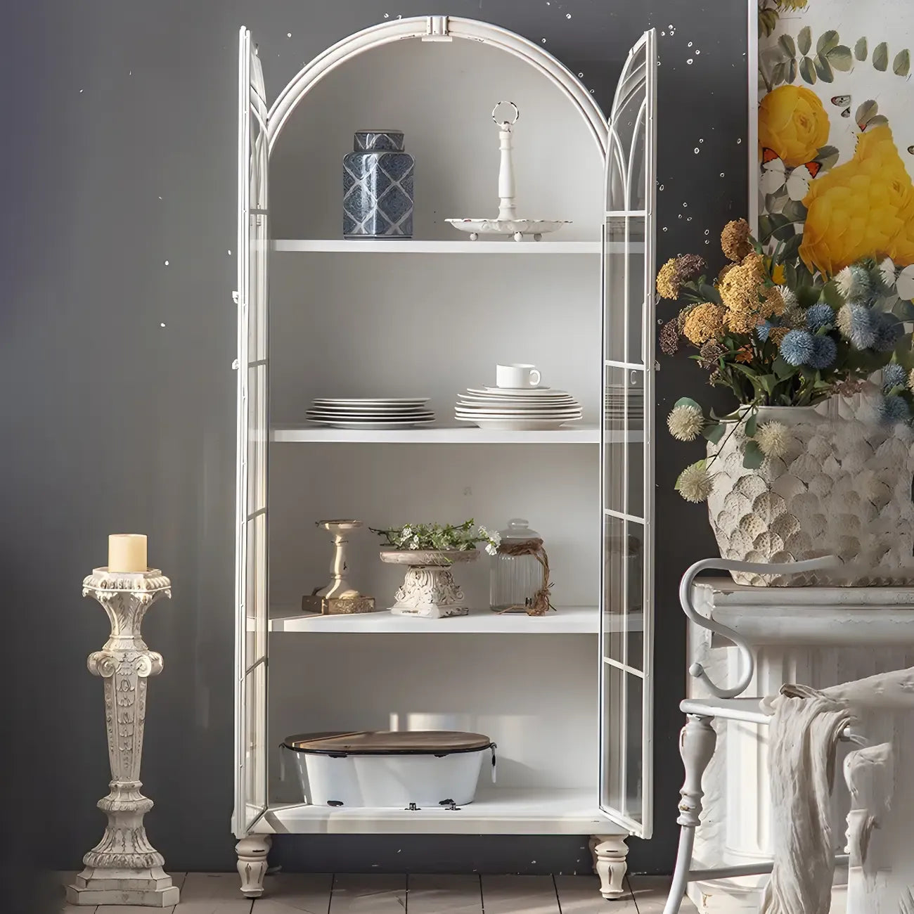 Classic White Arched Glass Doors Wooden Display Cabinet