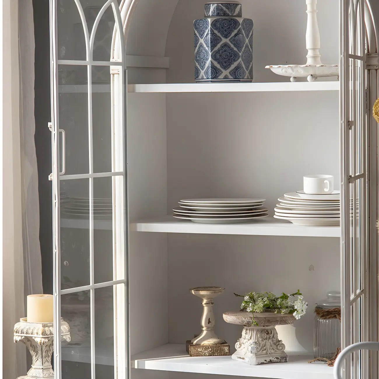 Classic White Arched Glass Doors Wooden Display Cabinet