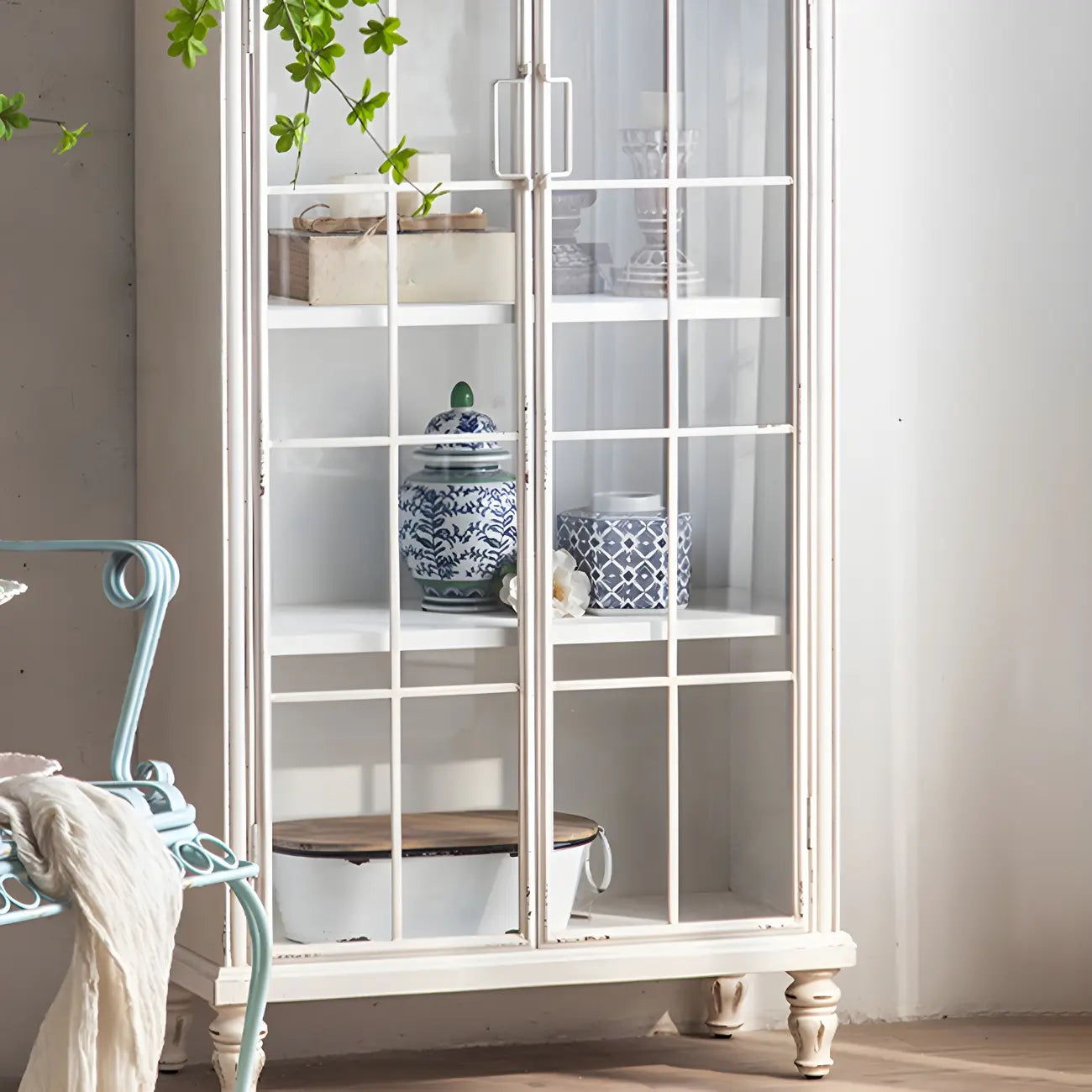 Classic White Arched Glass Doors Wooden Display Cabinet