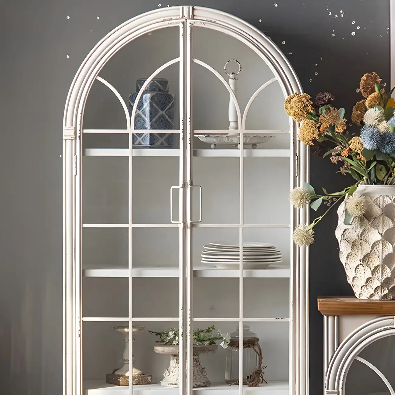 Classic White Arched Glass Doors Wooden Display Cabinet