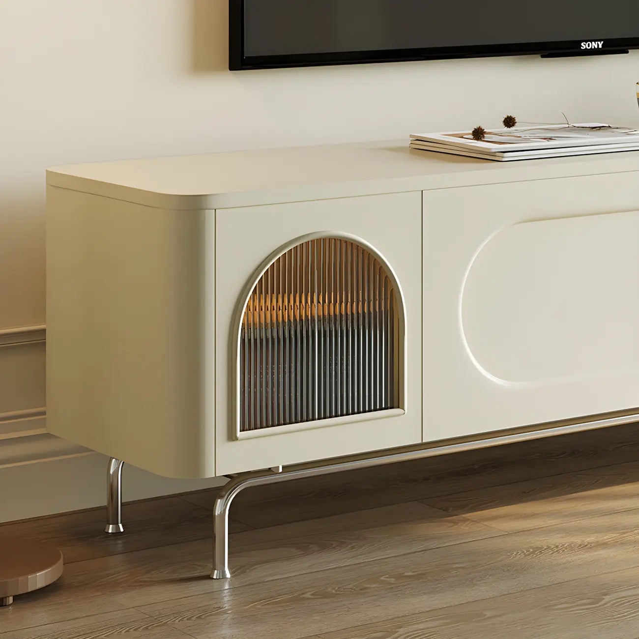 94.5 White Wood Arched Display Niches TV Stand with Cabinets
