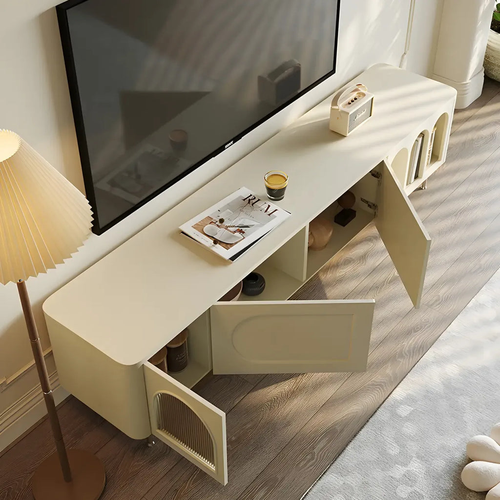 94.5 White Wood Arched Display Niches TV Stand with Cabinets