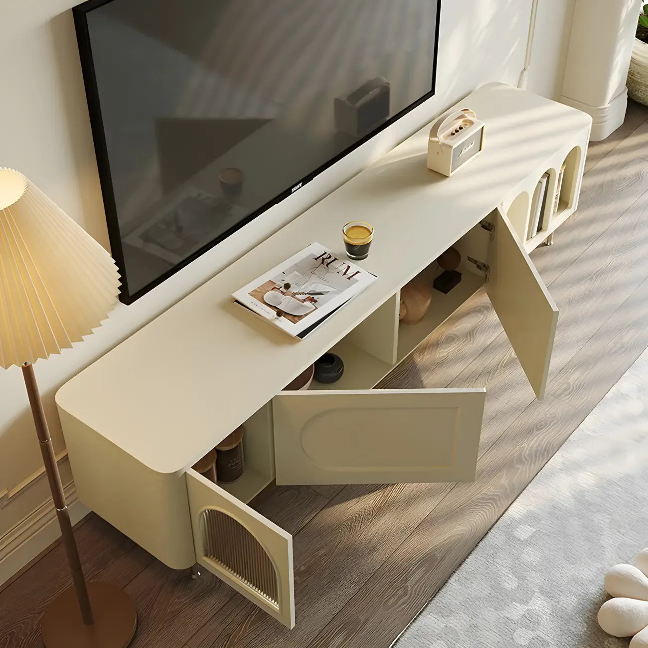 94.5 White Wood Arched Display Niches TV Stand with Cabinets