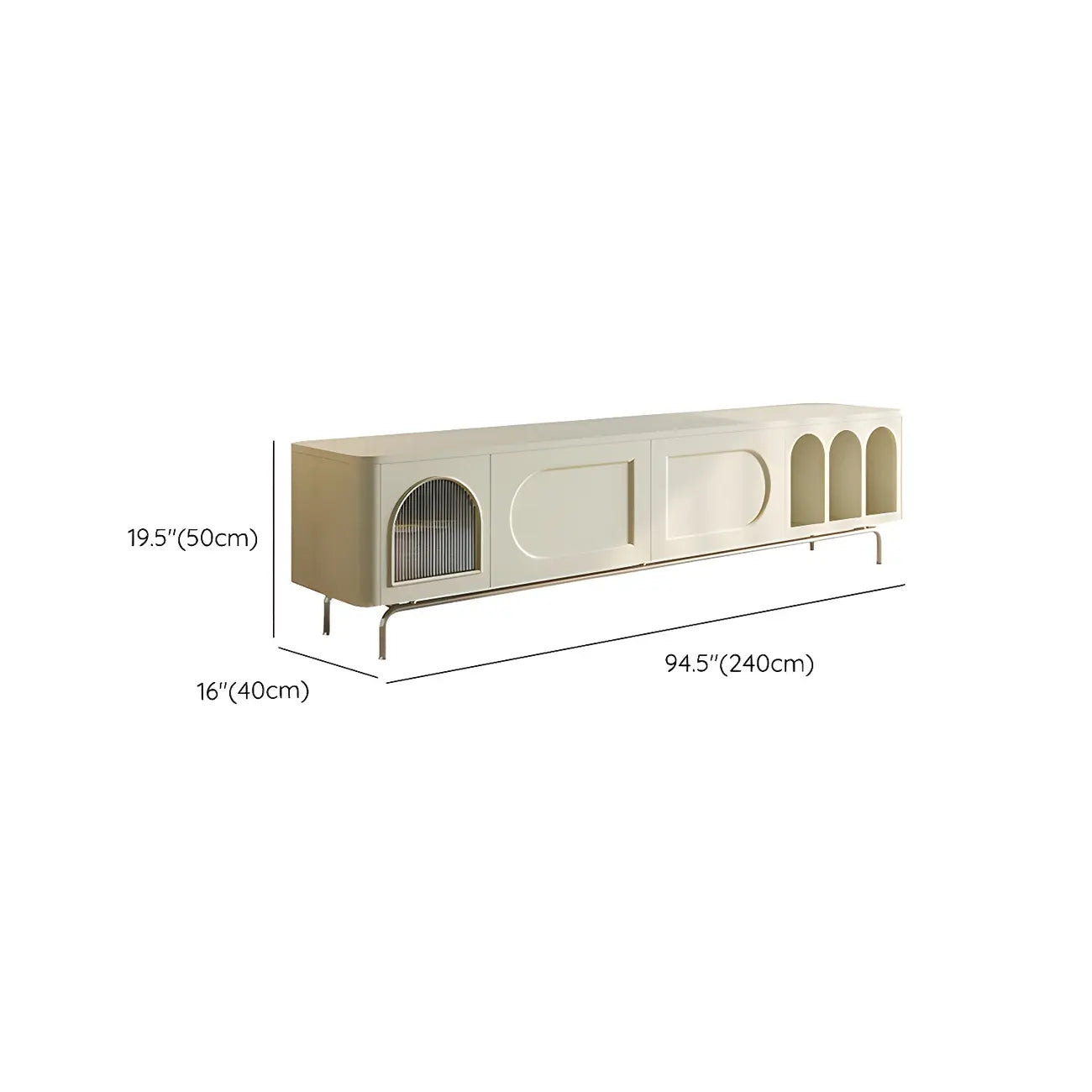 94.5 White Wood Arched Display Niches TV Stand with Cabinets
