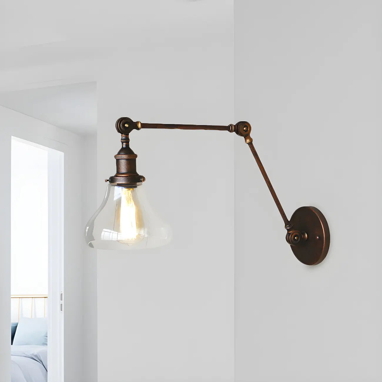 Clear Glass Pear Shade Rustic Metal Swing Arm Wall Light
