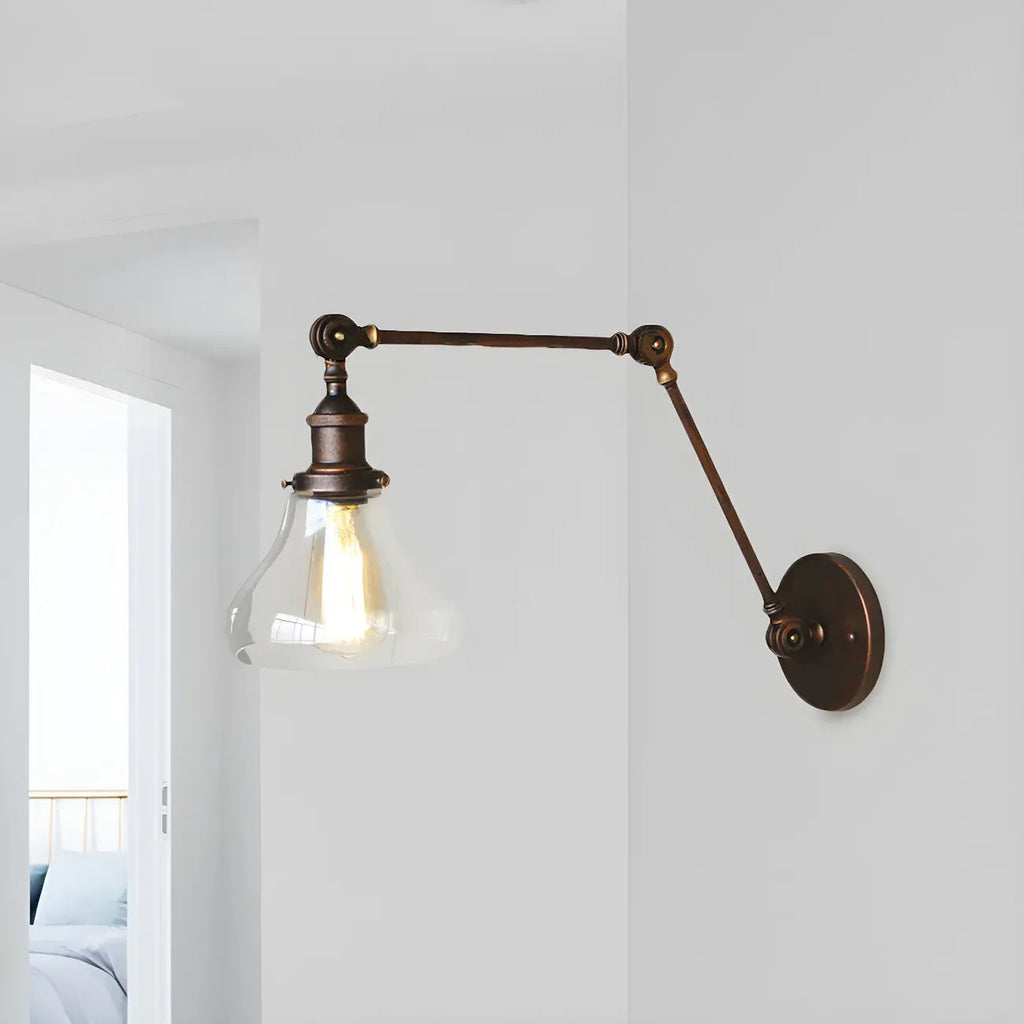 Clear Glass Pear Shade Rustic Metal Swing Arm Wall Light