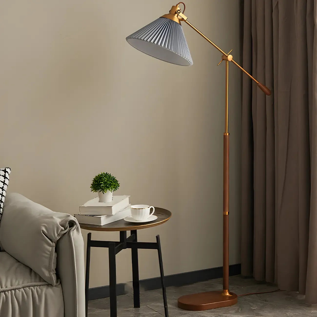 Brown Adjustable Metal Balance Arm Floor Lamp for Living Room