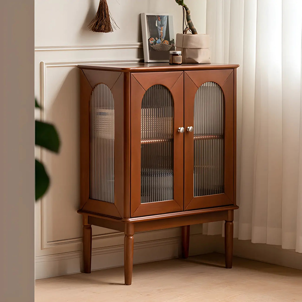 Brown Wood Glass Door Short China Cabinet with Light