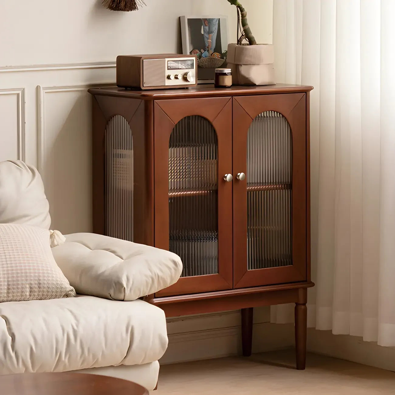 Brown Wood Glass Door Short China Cabinet with Light