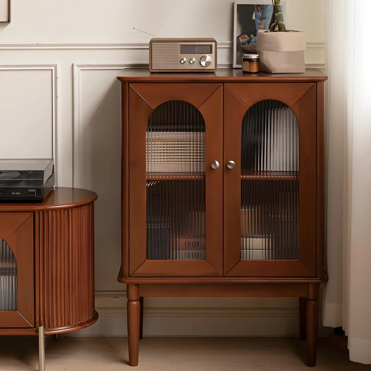 Brown Wood Glass Door Short China Cabinet with Light