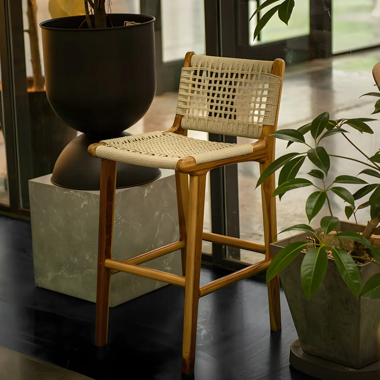 Rustic Reddish Brown Wooden Woven Bar Stool