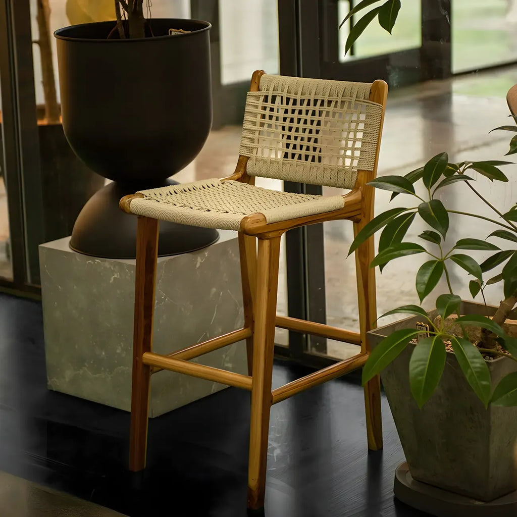 Rustic Reddish Brown Wooden Woven Bar Stool