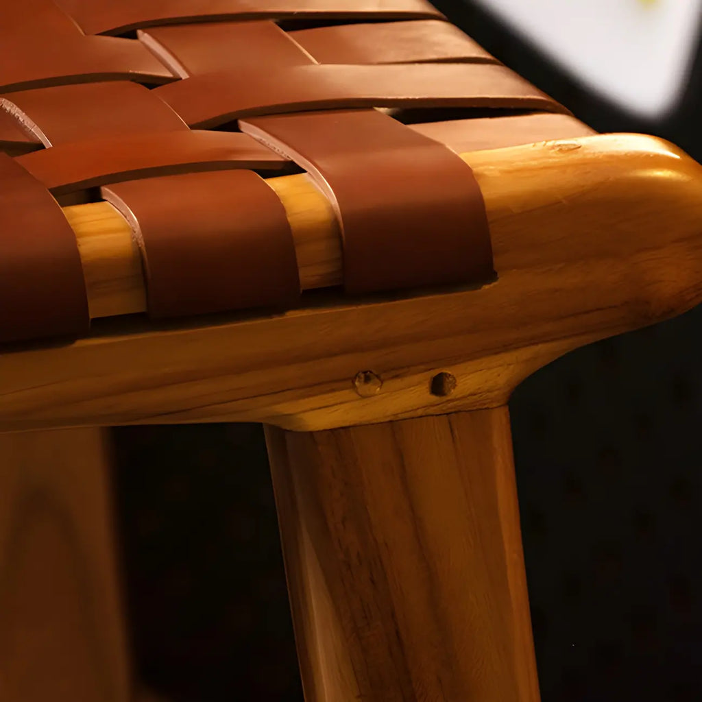 Rustic Reddish Brown Wooden Woven Bar Stool