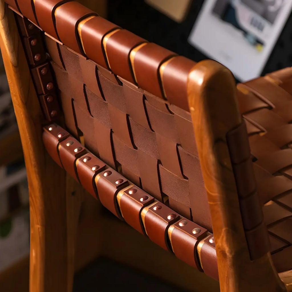 Rustic Reddish Brown Wooden Woven Bar Stool