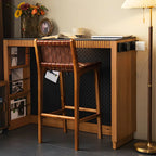 Rustic Reddish Brown Wooden Woven Bar Stool