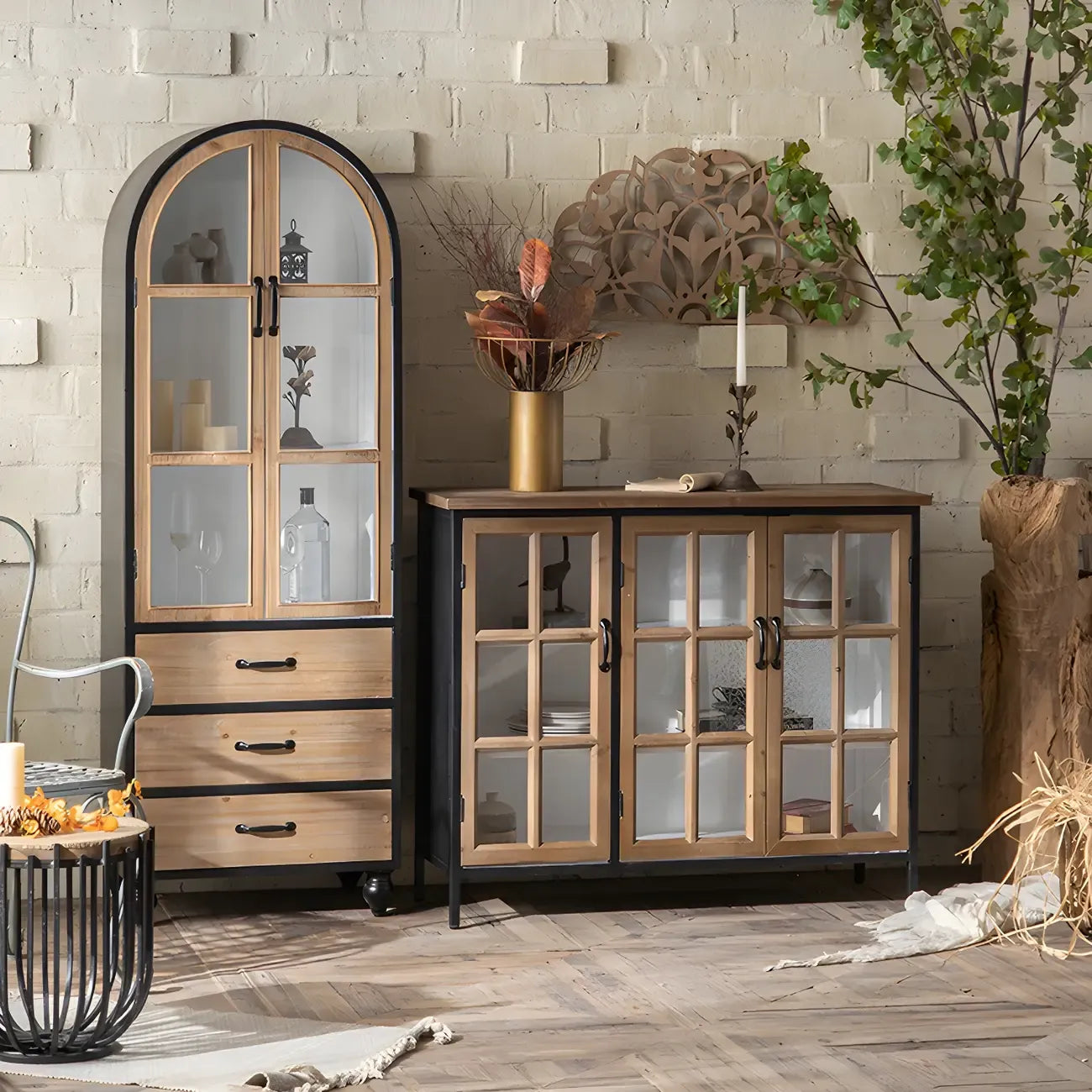 Classic Brown Curved Wooden Glass Door Display Cabinet