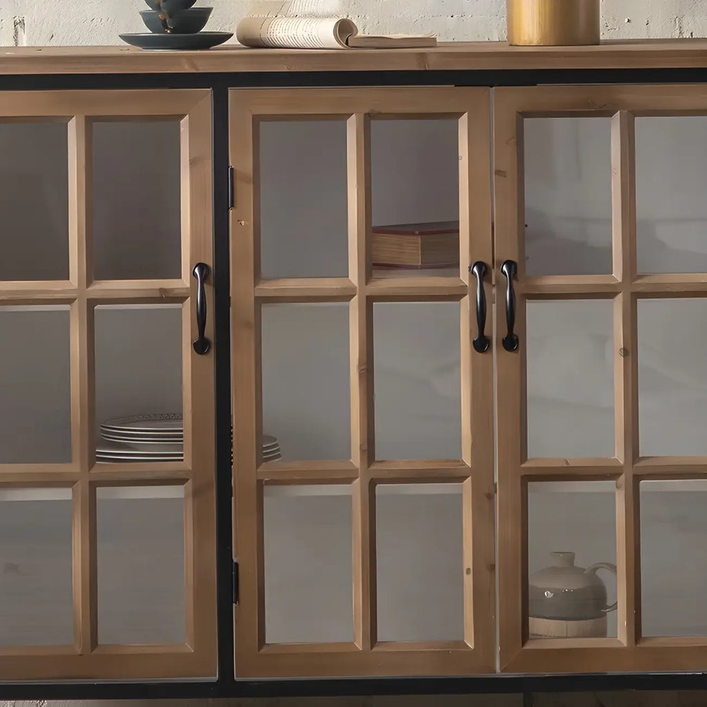Classic Brown Curved Wooden Glass Door Display Cabinet