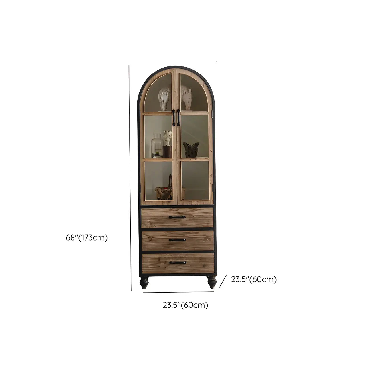 Classic Brown Curved Wooden Glass Door Display Cabinet
