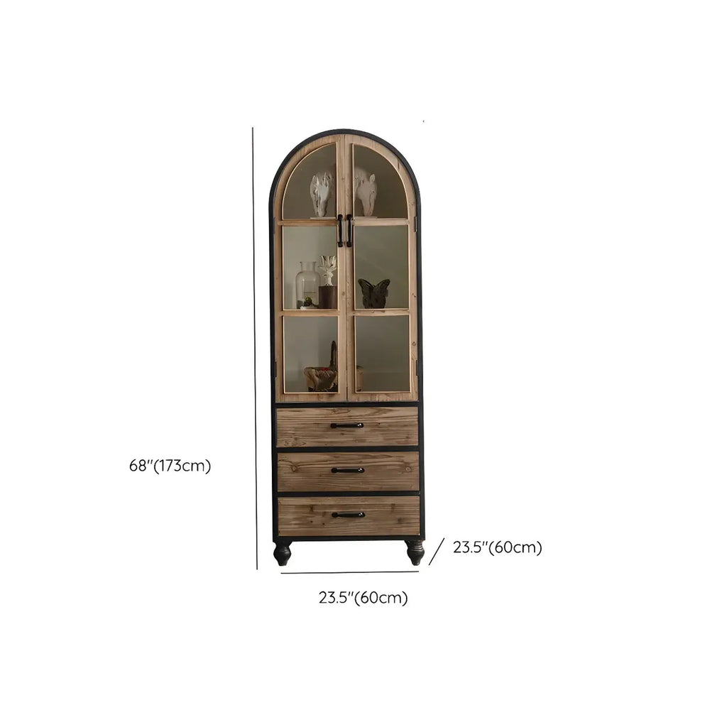 Classic Brown Curved Wooden Glass Door Display Cabinet