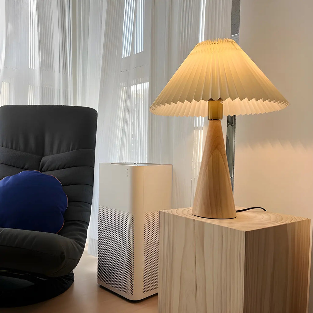 Modern Remote Wood Cone Bedside Table Lamp LED & Fabric