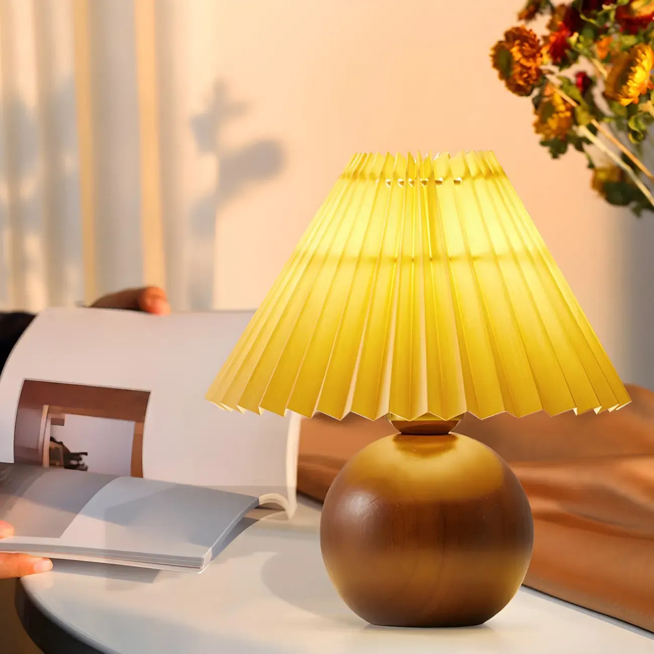 Small Global Wood Fabric Shade LED Table Lamp for Table Lamp
