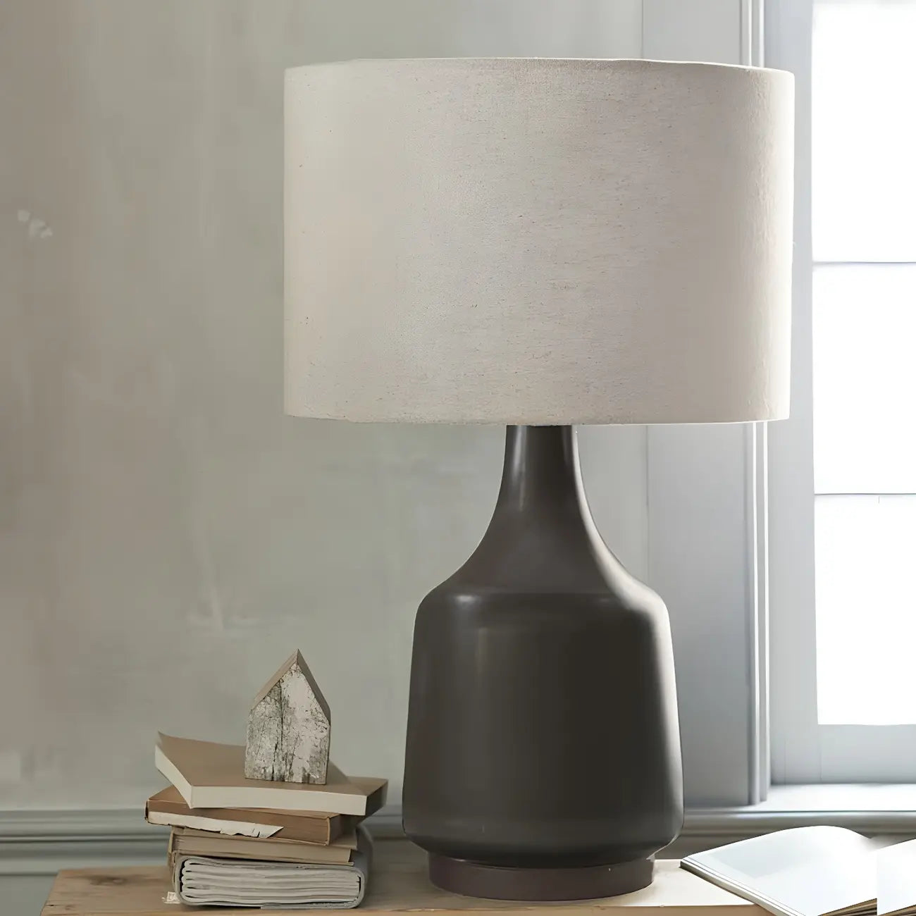 Retro Ceramic Drum-Shape LED Table Lamp with Fabric Shade