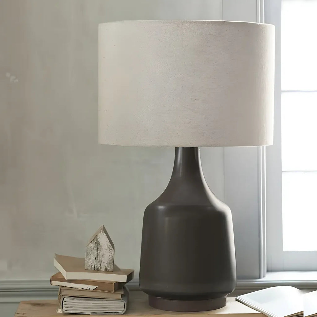 Retro Ceramic Drum-Shape LED Table Lamp with Fabric Shade
