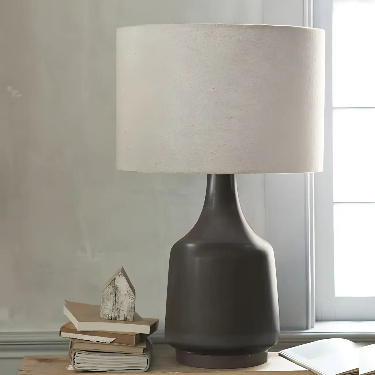 Retro Ceramic Drum-Shape LED Table Lamp with Fabric Shade