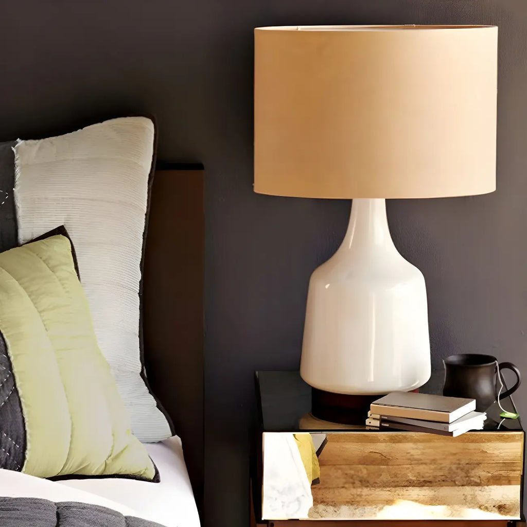Retro Ceramic Drum-Shape LED Table Lamp with Fabric Shade
