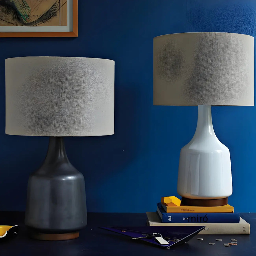 Retro Ceramic Drum-Shape LED Table Lamp with Fabric Shade