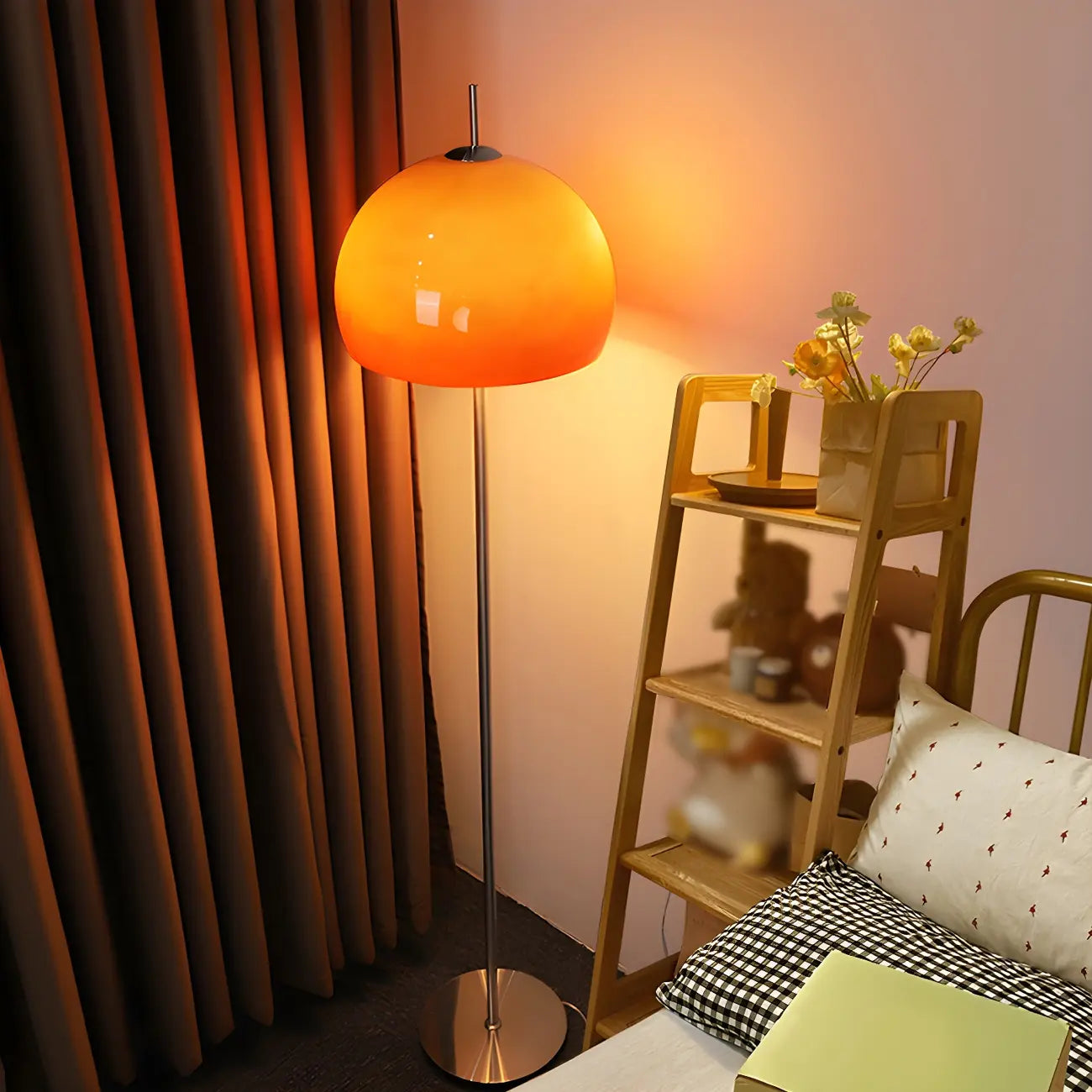 Contemporary Stand Up Floor Lamp with Amber Orange Glass Dome