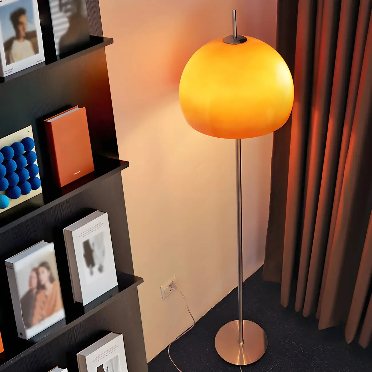 Contemporary Stand Up Floor Lamp with Amber Orange Glass Dome