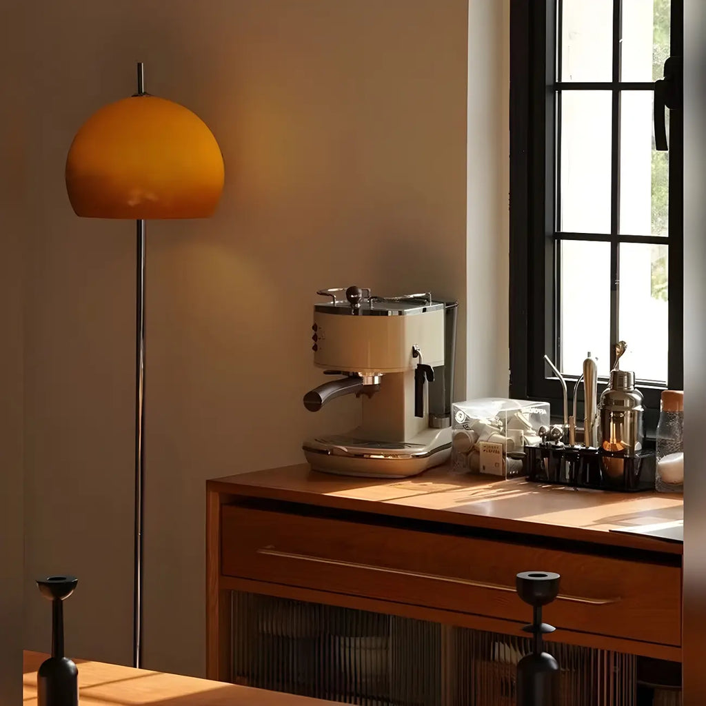 Contemporary Stand Up Floor Lamp with Amber Orange Glass Dome