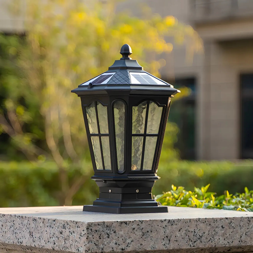 Vintage Hammered Pane Solar Black Outdoor Post Lights