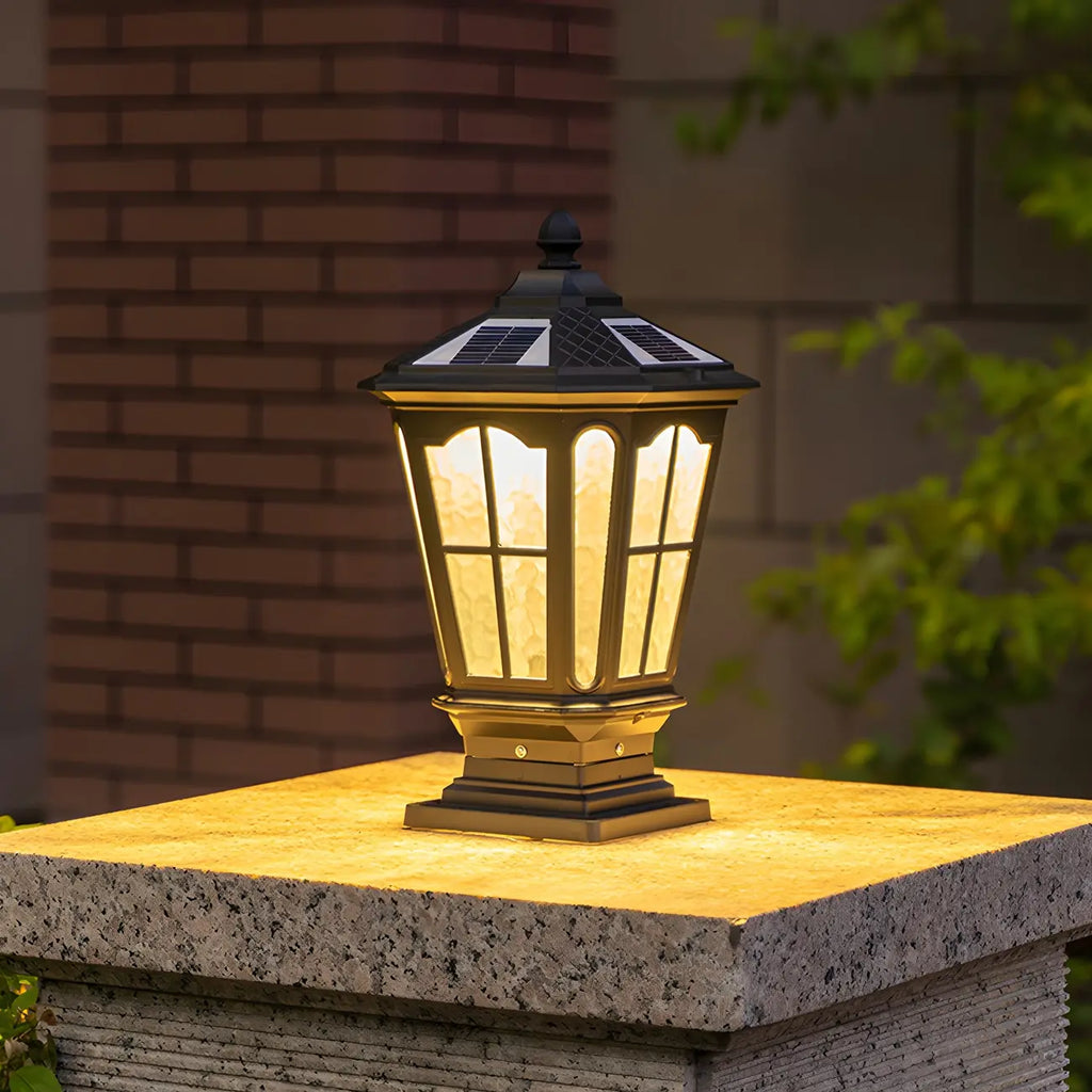 Vintage Hammered Pane Solar Black Outdoor Post Lights